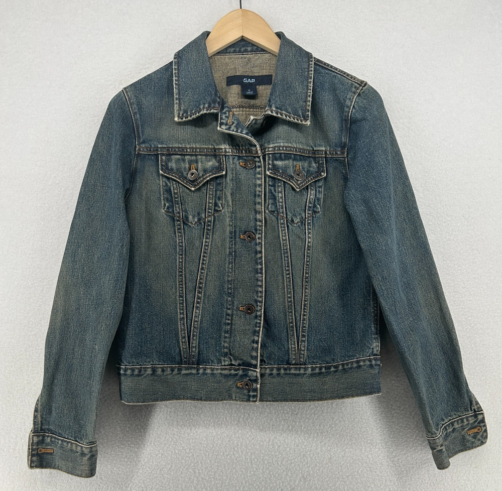 GAP Jacket Womens M Denim Trucker Jean Moto Button Front Cotton Washed Blue Vtg